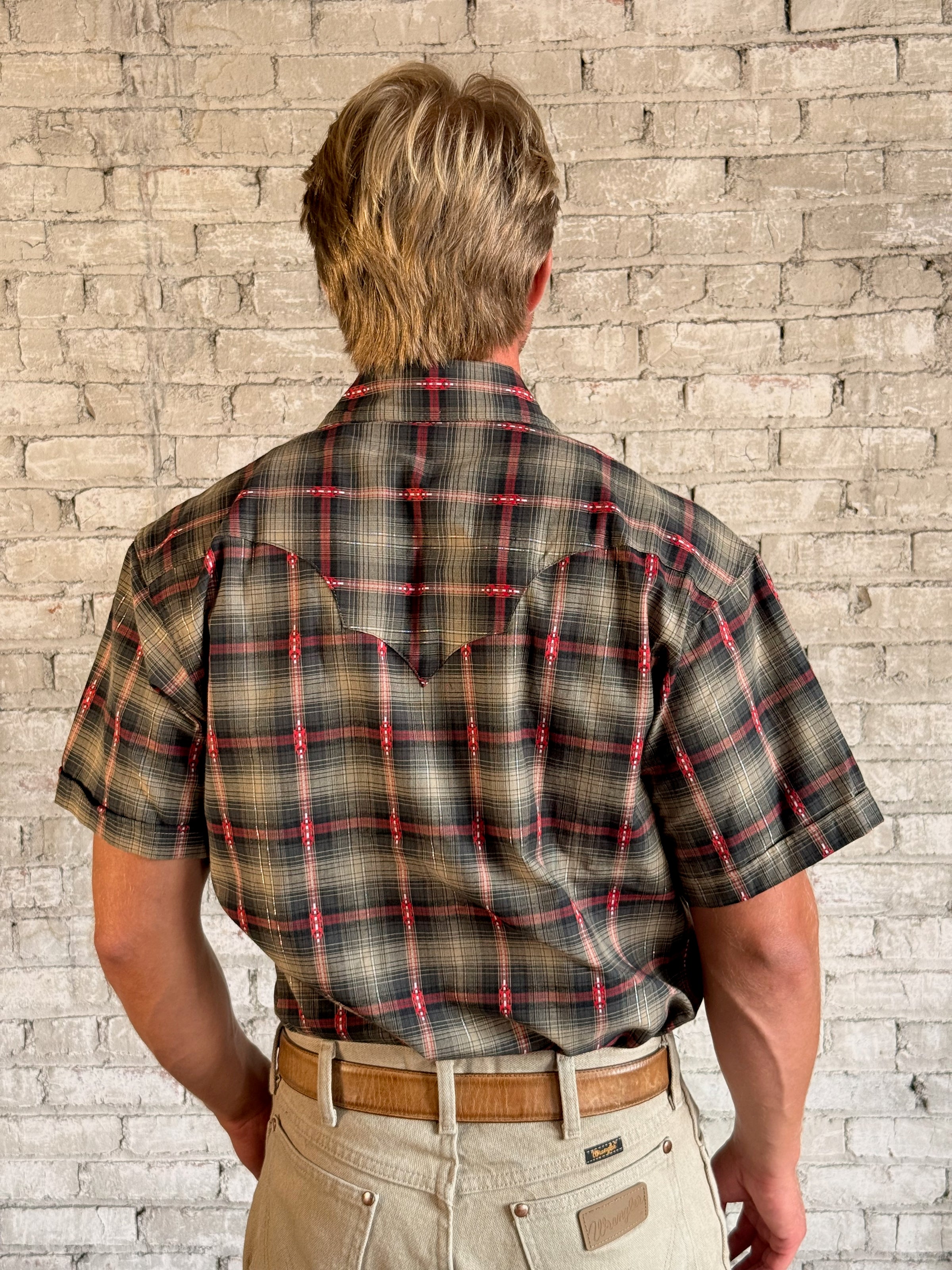 Men's Short Sleeve Shadow Plaid Dobby Lurex Western Shirt in black by Rockmount Ranch Wear with plaid dobby weave