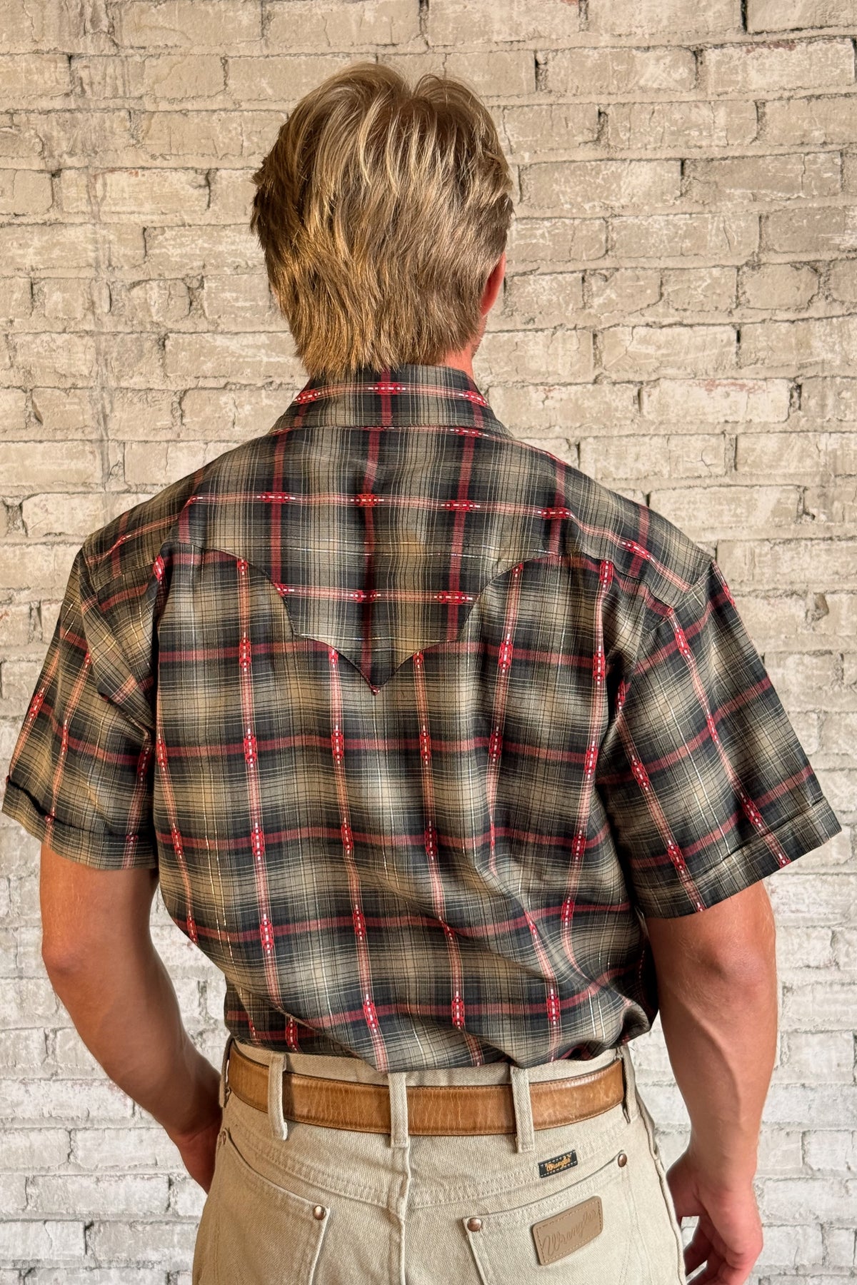 Men's Short Sleeve Shadow Plaid Dobby Lurex Western Shirt in Black