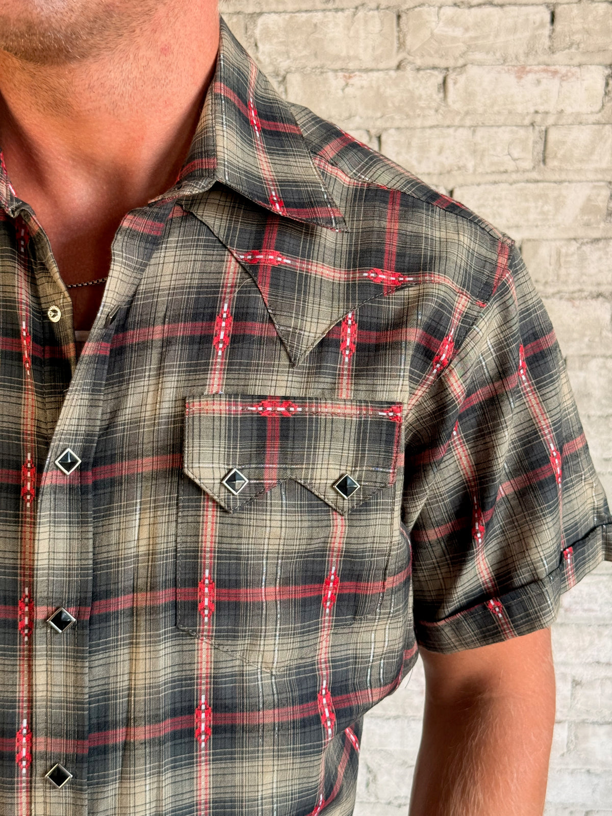Men's Short Sleeve Shadow Plaid Dobby Lurex Western Shirt by Rockmount Ranch Wear in black plaid with snaps