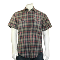 Men's Short Sleeve Shadow Plaid Dobby Lurex Western Shirt in Black