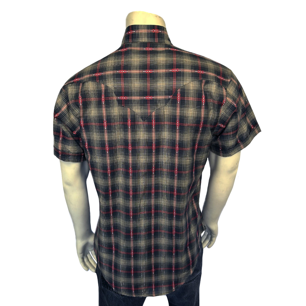 Men's Short Sleeve Shadow Plaid Dobby Lurex Western Shirt in Black