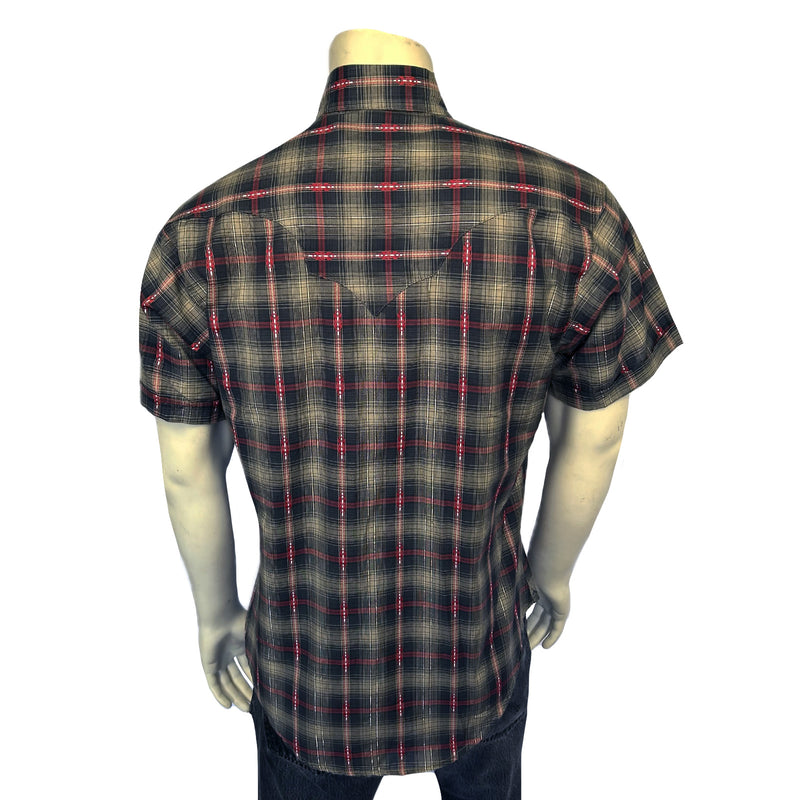 Men's Short Sleeve Shadow Plaid Dobby Lurex Western Shirt in Black
