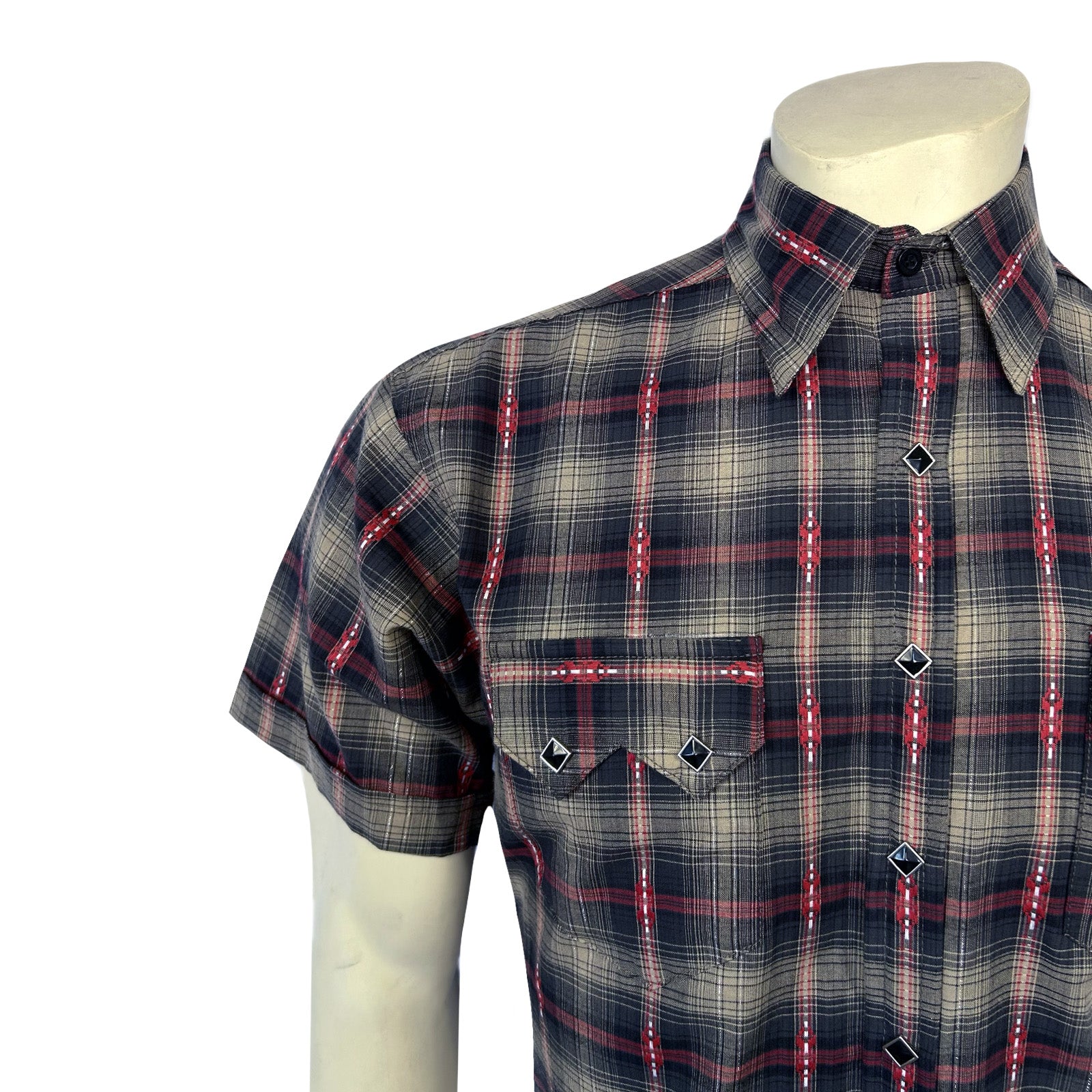 Men's Short Sleeve Shadow Plaid Dobby Lurex Western Shirt in Black