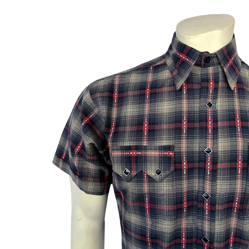 Men's Short Sleeve Shadow Plaid Dobby Lurex Western Shirt in Black