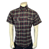 Men's Short Sleeve Shadow Plaid Dobby Lurex Western Shirt in Black