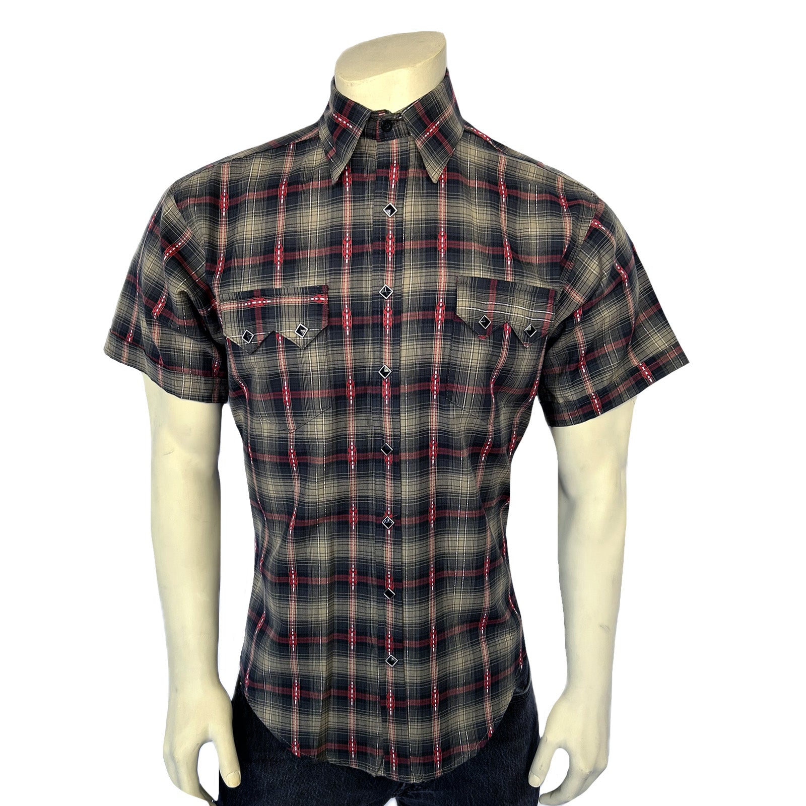 Men's Short Sleeve Shadow Plaid Dobby Lurex Western Shirt in Black