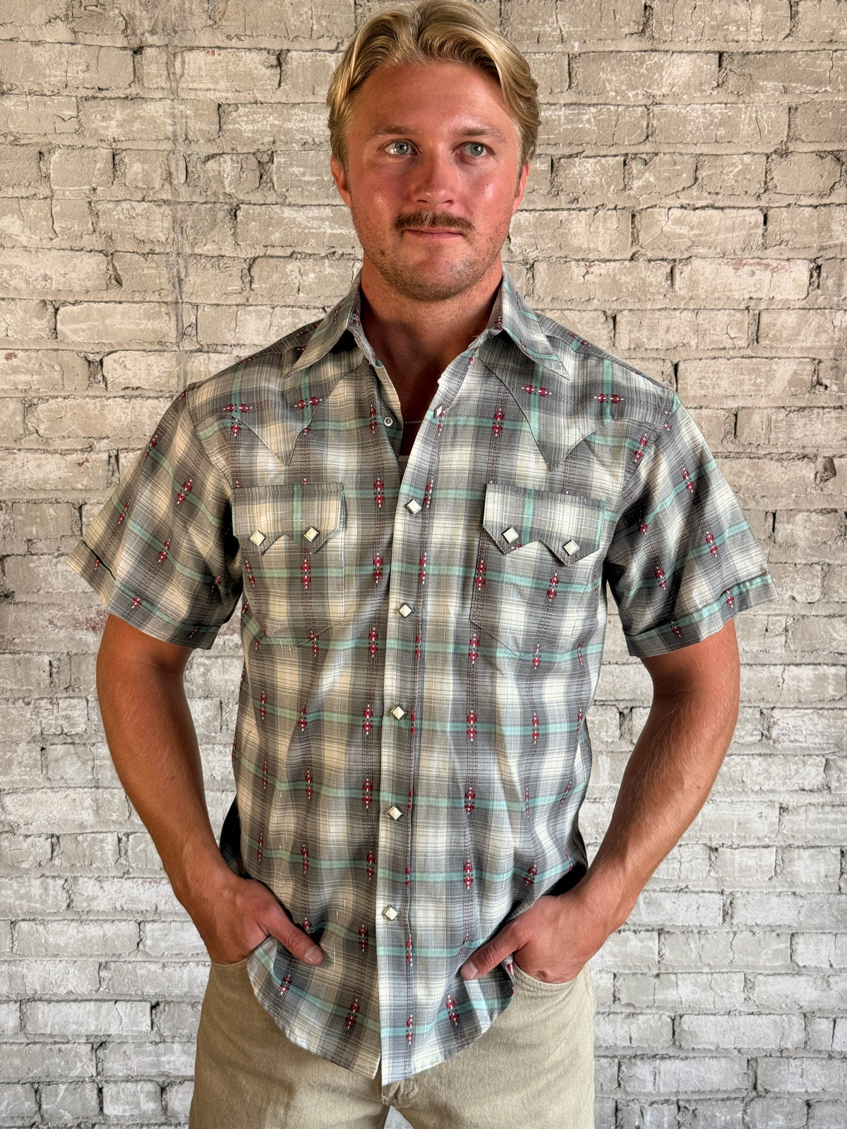 Men's Short Sleeve Shadow Plaid Dobby Lurex Western Shirt in grey by Rockmount Ranch Wear with plaid dobby weave