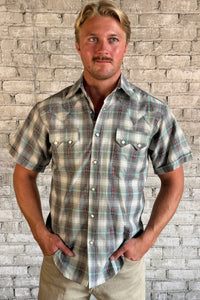 Men's Short Sleeve Shadow Plaid Dobby Lurex Western Shirt in Grey