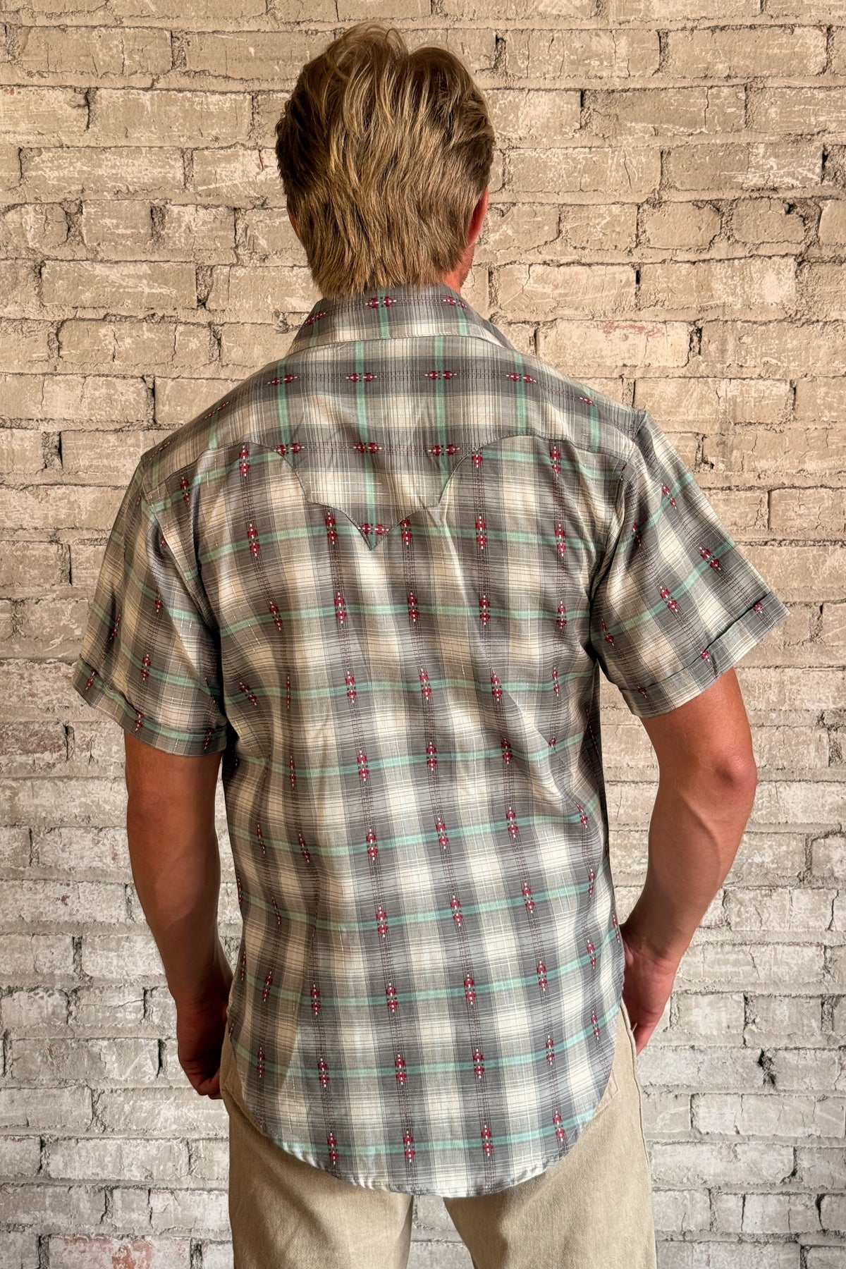 Men's Short Sleeve Shadow Plaid Dobby Lurex Western Shirt in Grey