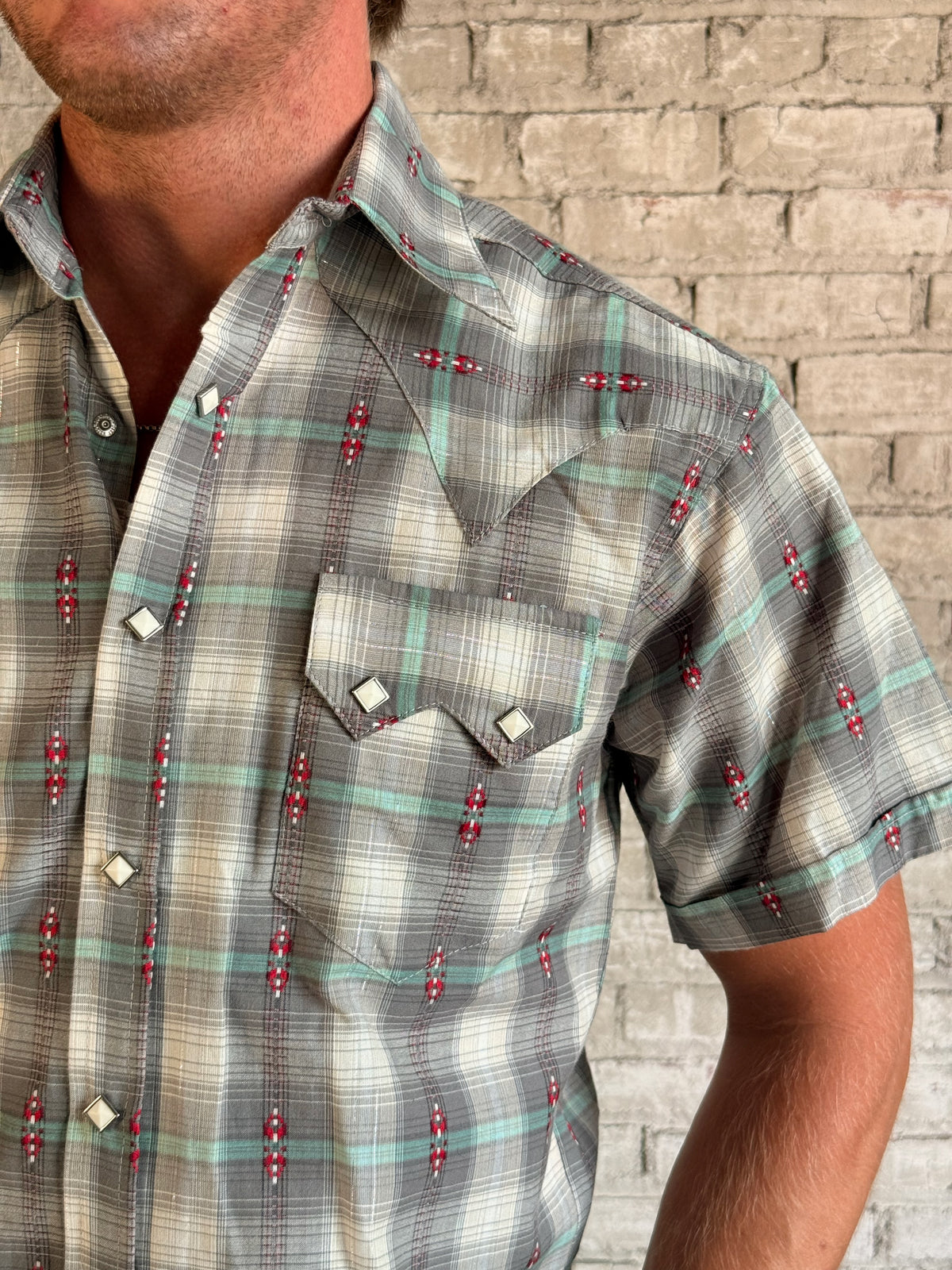 Men's Short Sleeve Shadow Plaid Dobby Lurex Western Shirt in grey by Rockmount Ranch Wear with plaid dobby weave