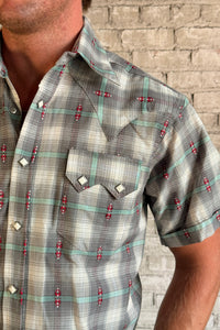 Men's Short Sleeve Shadow Plaid Dobby Lurex Western Shirt in Grey