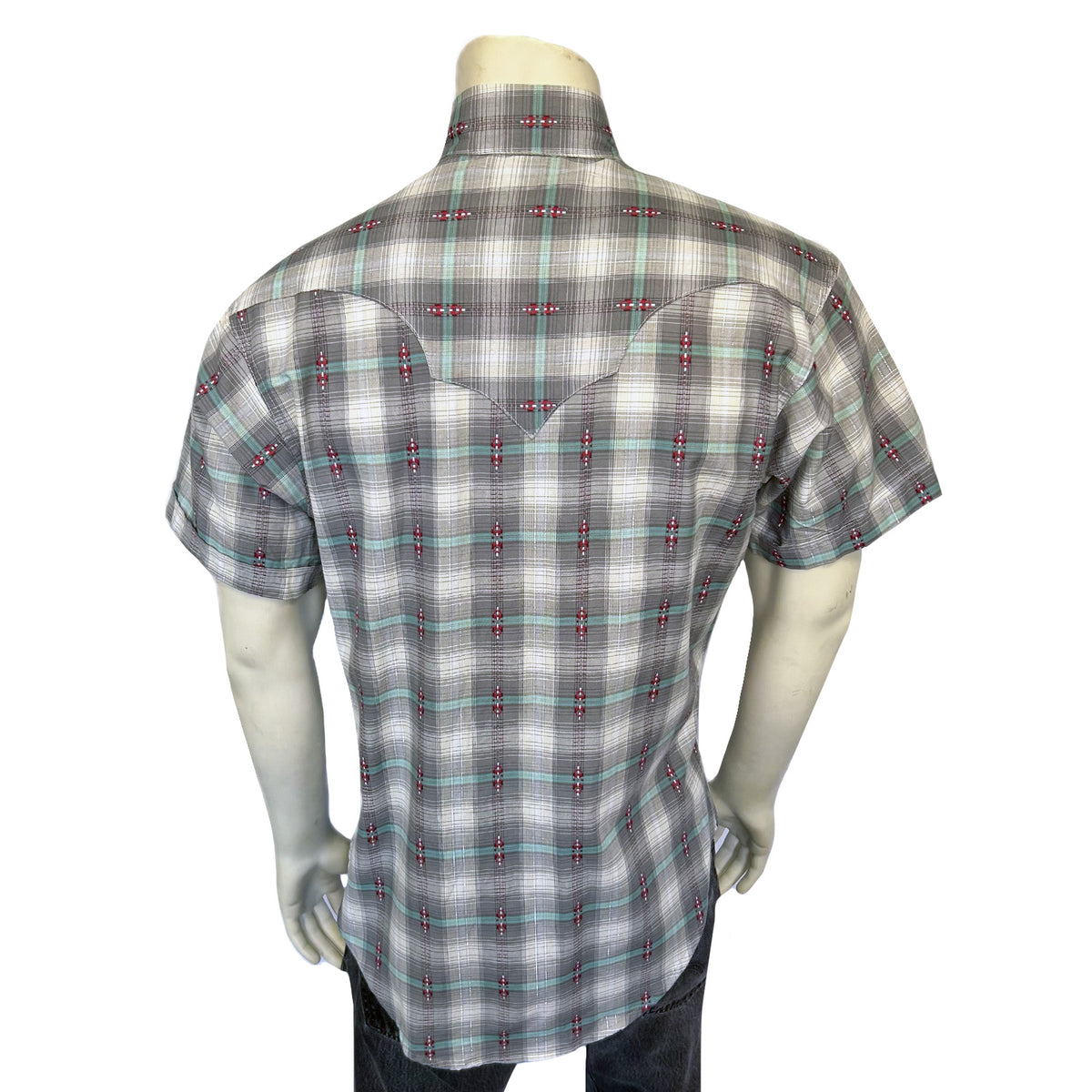 Men's Short Sleeve Shadow Plaid Dobby Lurex Western Shirt in Grey