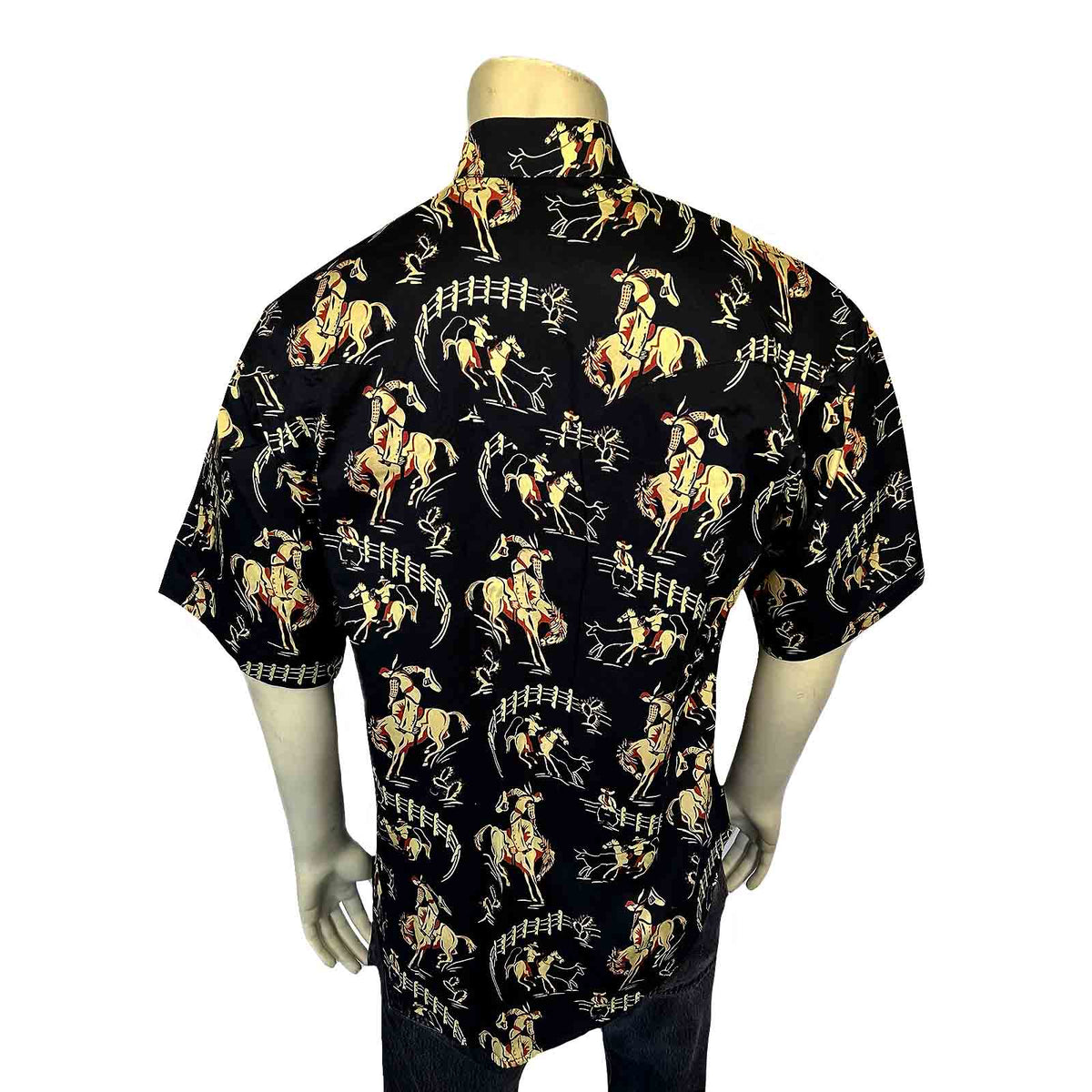 Men's Vintage Black Short Sleeve Bronc Print Western Shirt