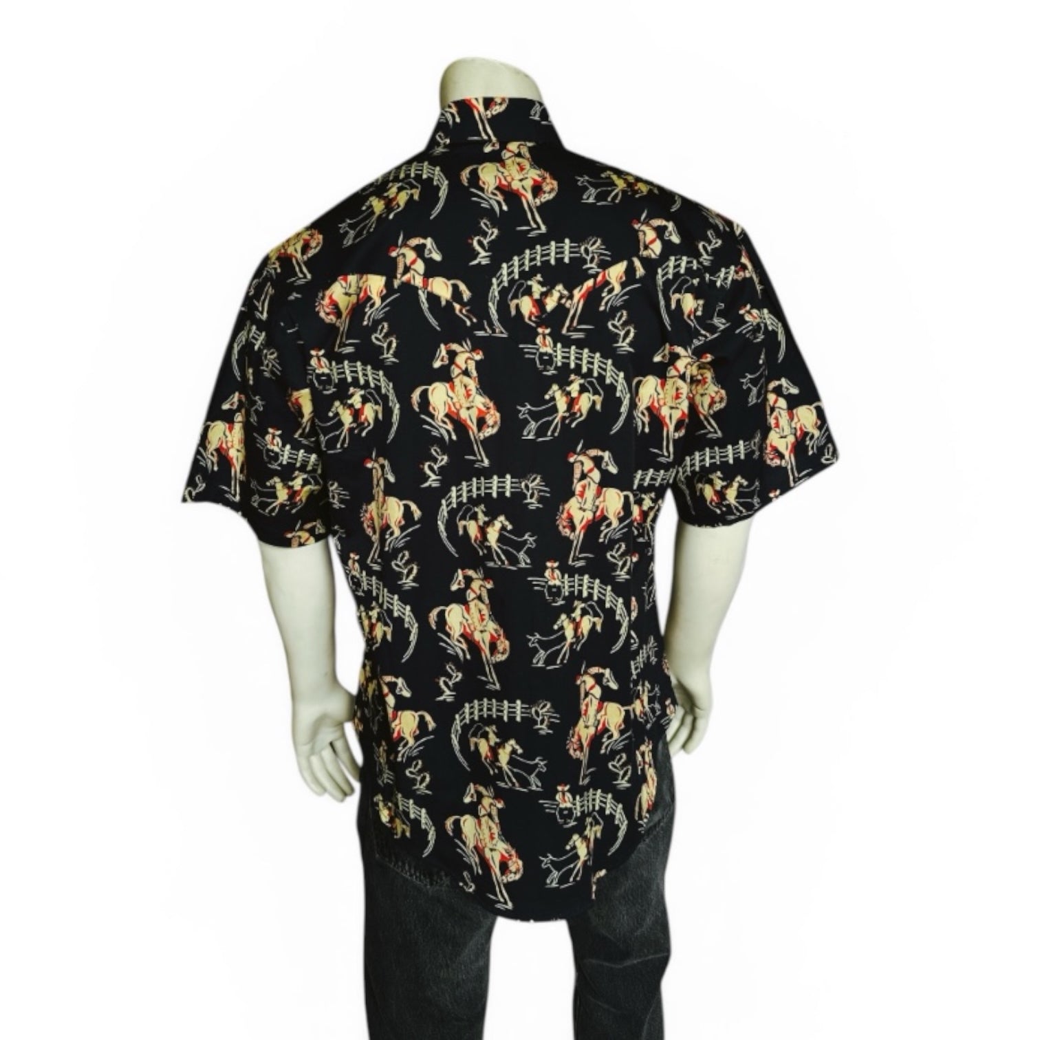 Men's Vintage Black Short Sleeve Bronc Print Western Shirt