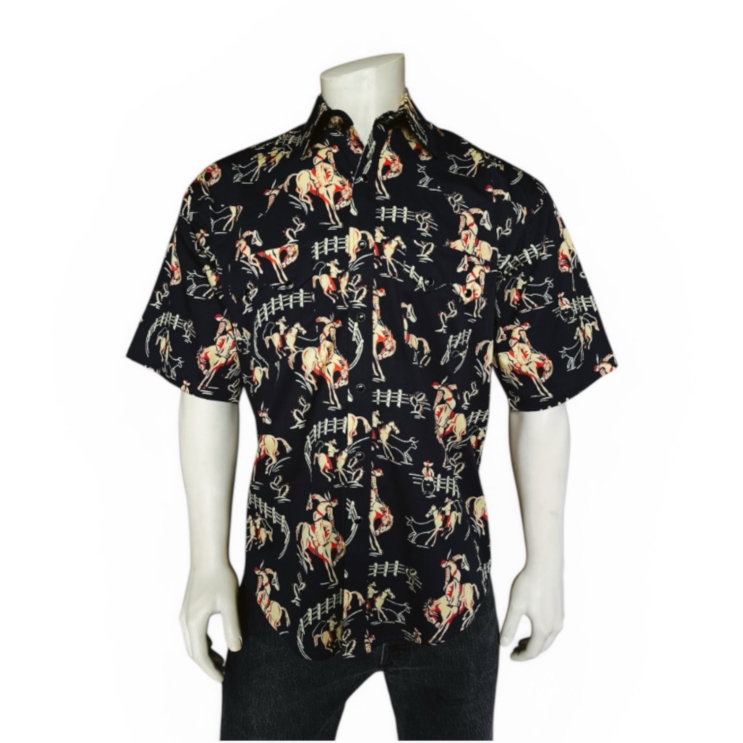 Men's Vintage Black Short Sleeve Bronc Print Western Shirt