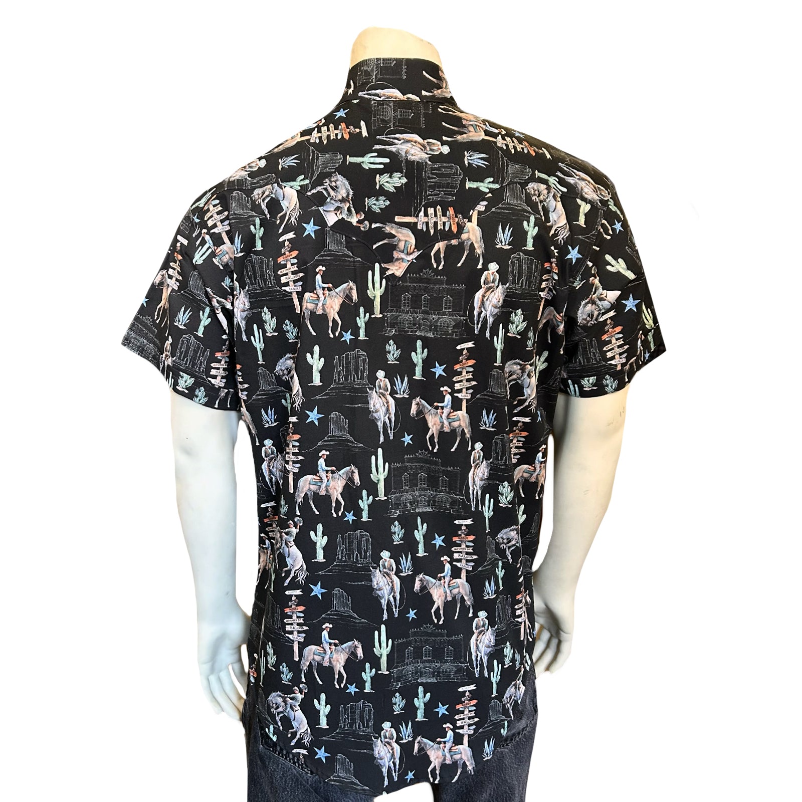 Men’s Black Cactus & Cowboys Print Short Sleeve Western Shirt