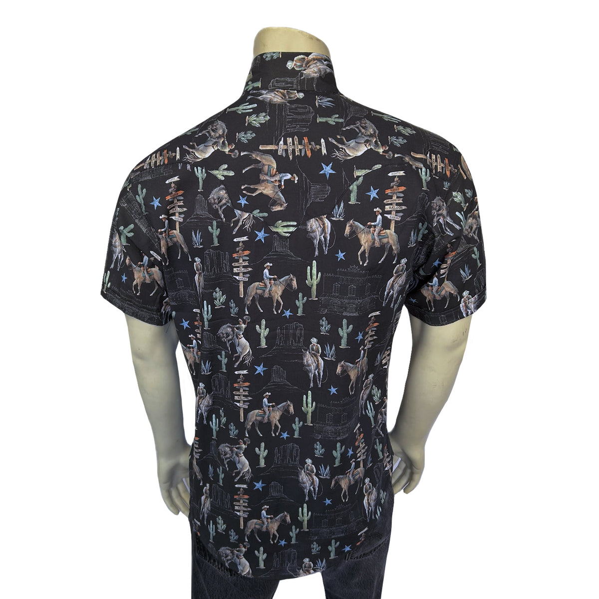 Men’s Black Cactus & Cowboys Print Short Sleeve Western Shirt