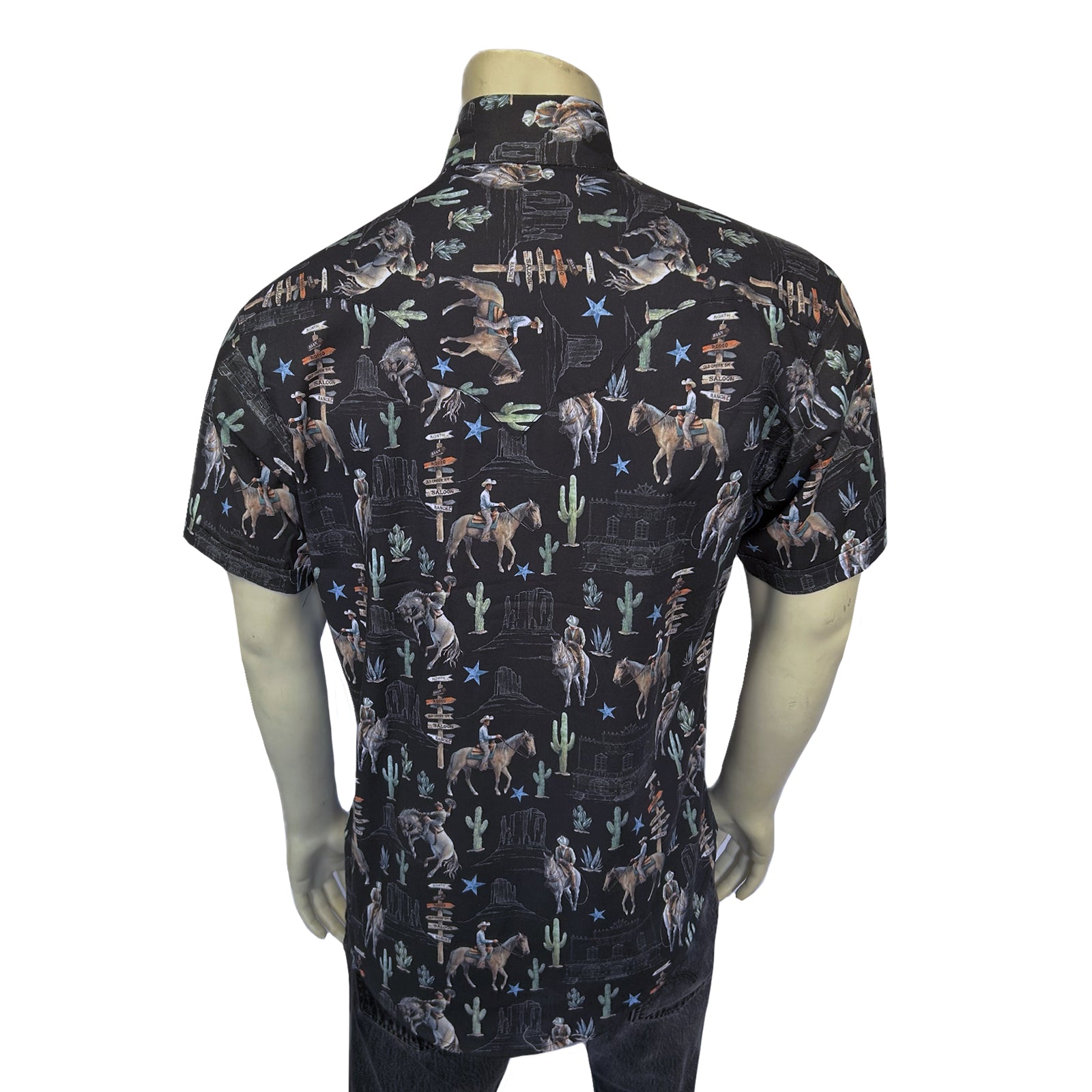Men’s Black Cactus & Cowboys Print Short Sleeve Western Shirt