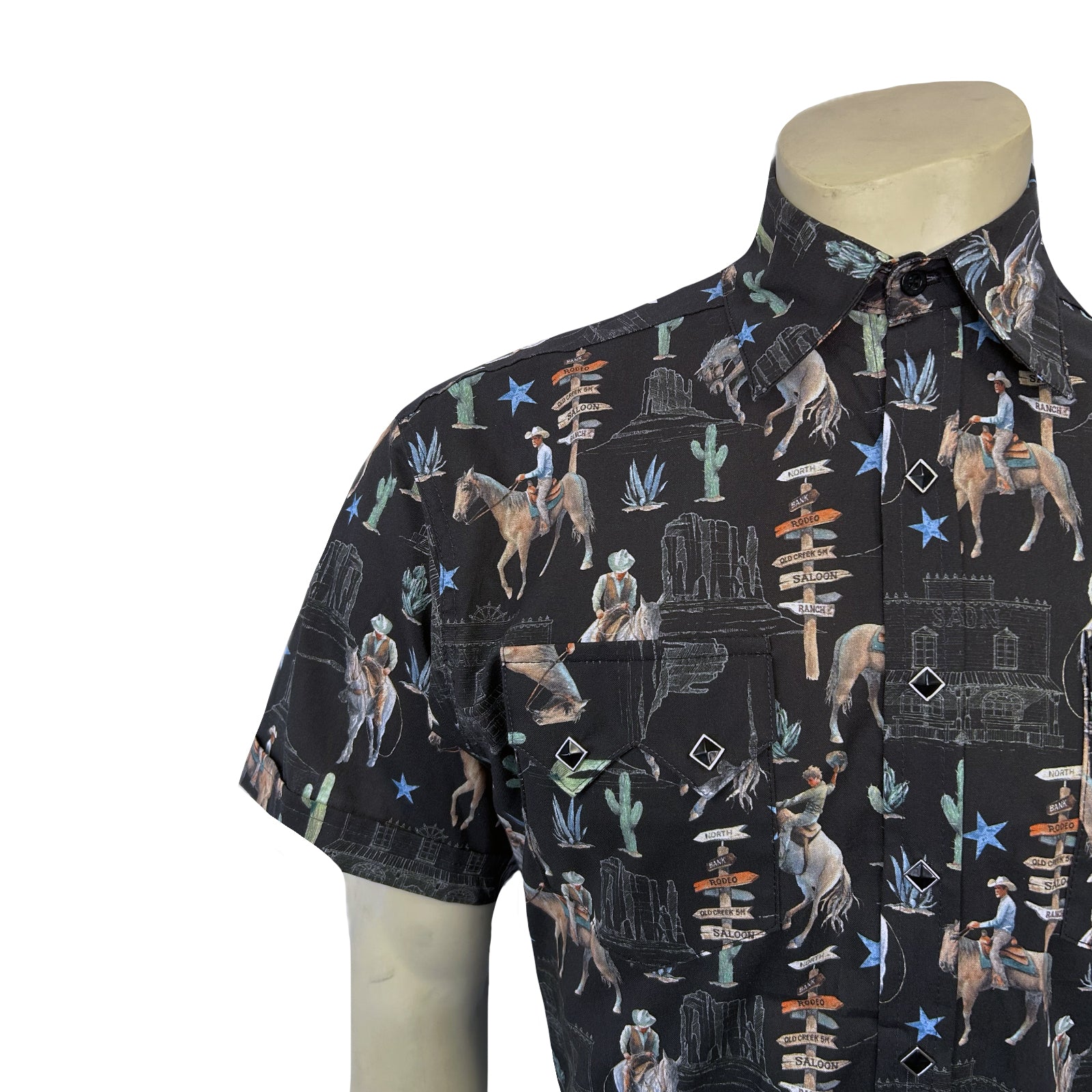 Men’s Black Cactus & Cowboys Print Short Sleeve Western Shirt