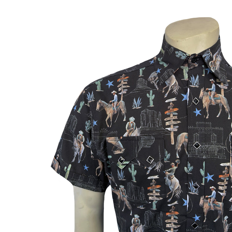 Men’s Black Cactus & Cowboys Print Short Sleeve Western Shirt