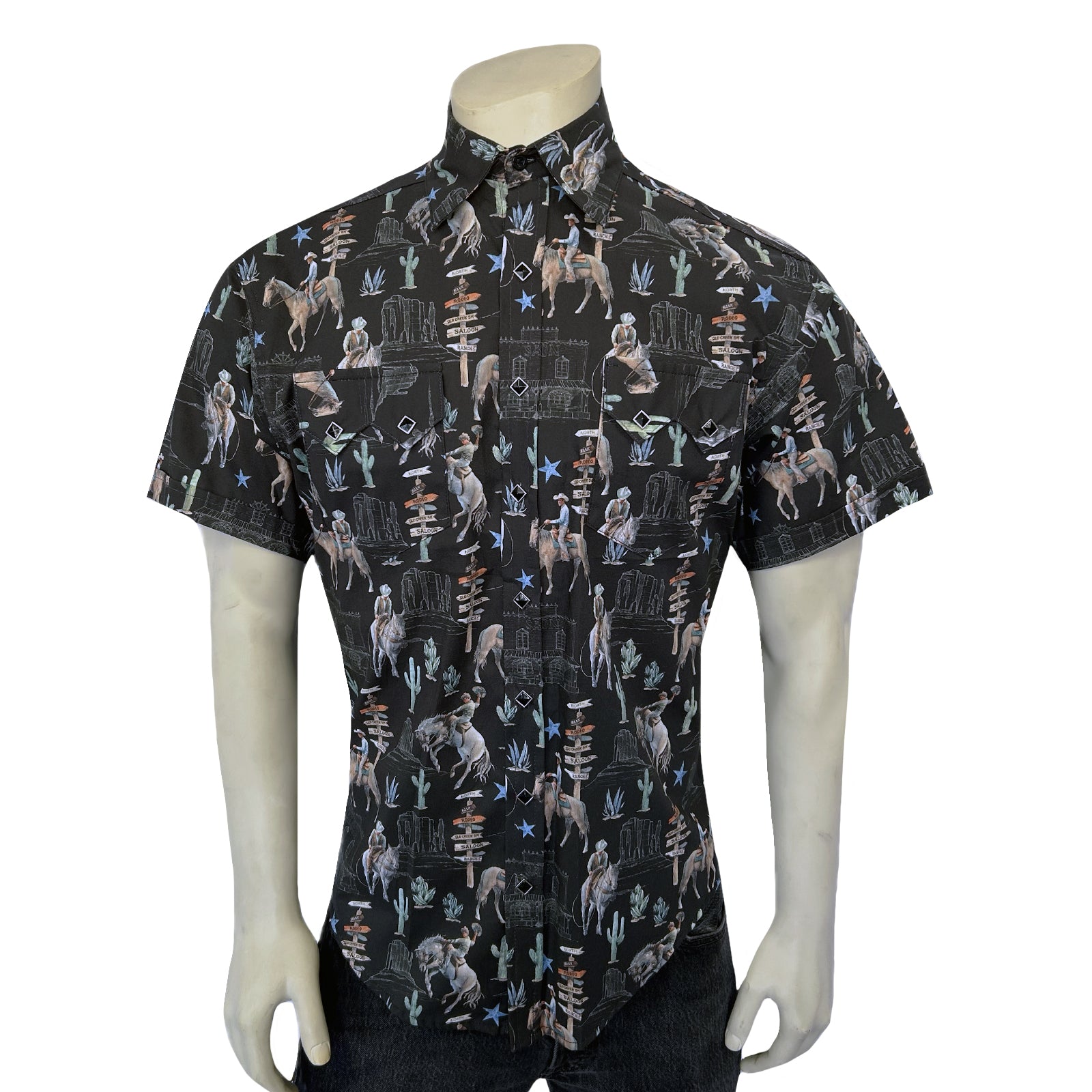 Men’s Black Cactus & Cowboys Print Short Sleeve Western Shirt