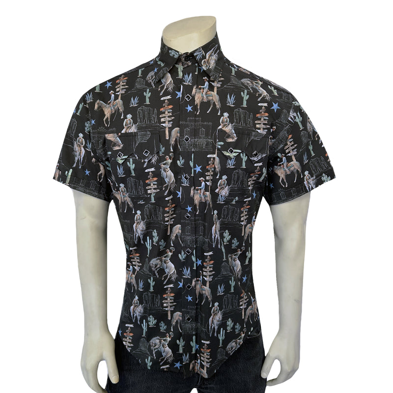 Men’s Black Cactus & Cowboys Print Short Sleeve Western Shirt