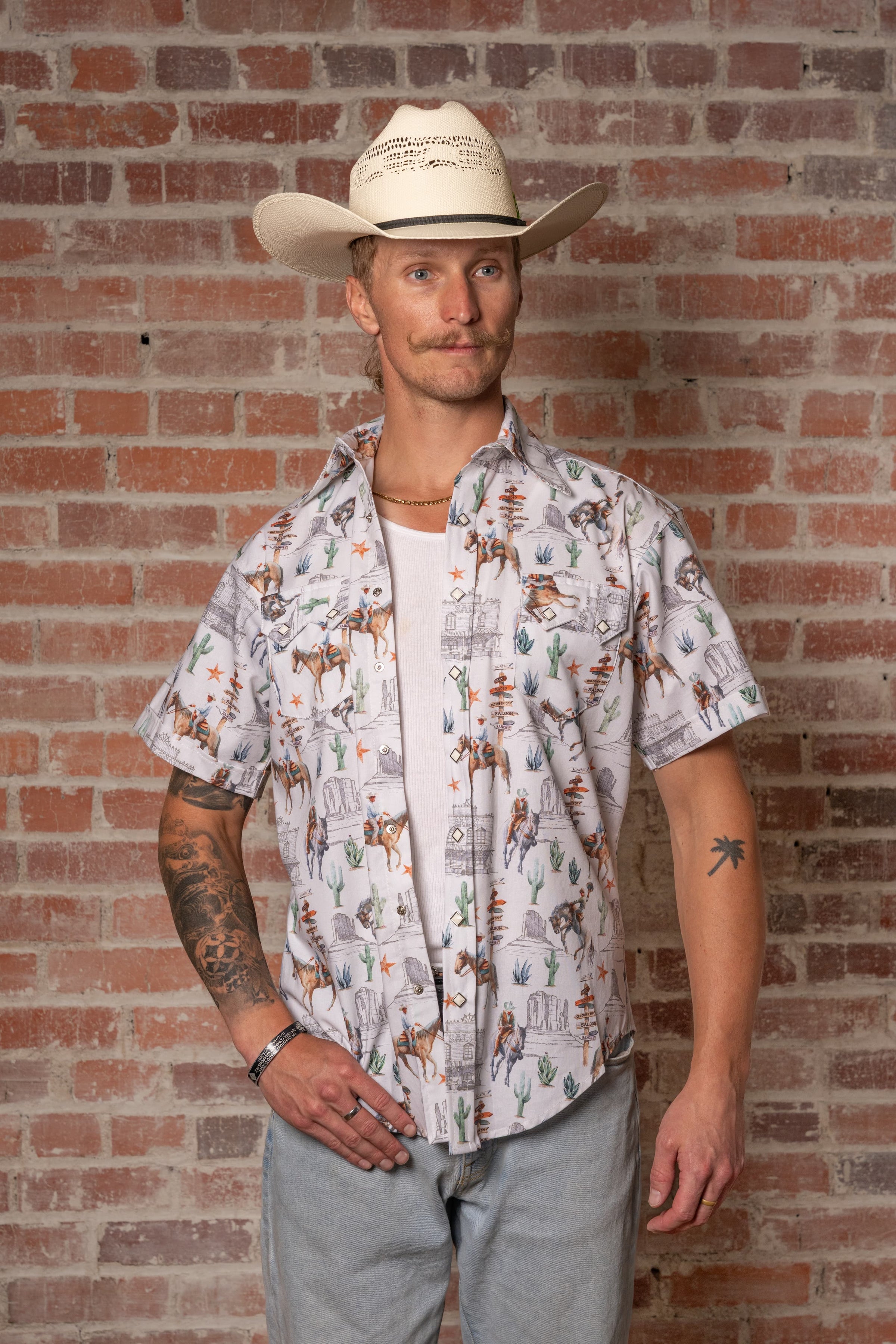 Men’s White Cactus & Cowboys Print Short Sleeve Western Shirt