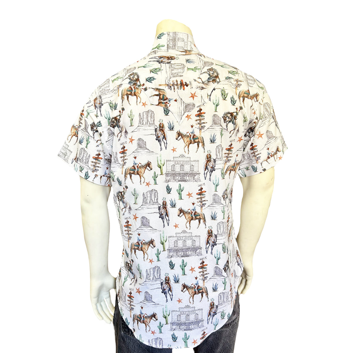 Men’s White Cactus & Cowboys Print Short Sleeve Western Shirt