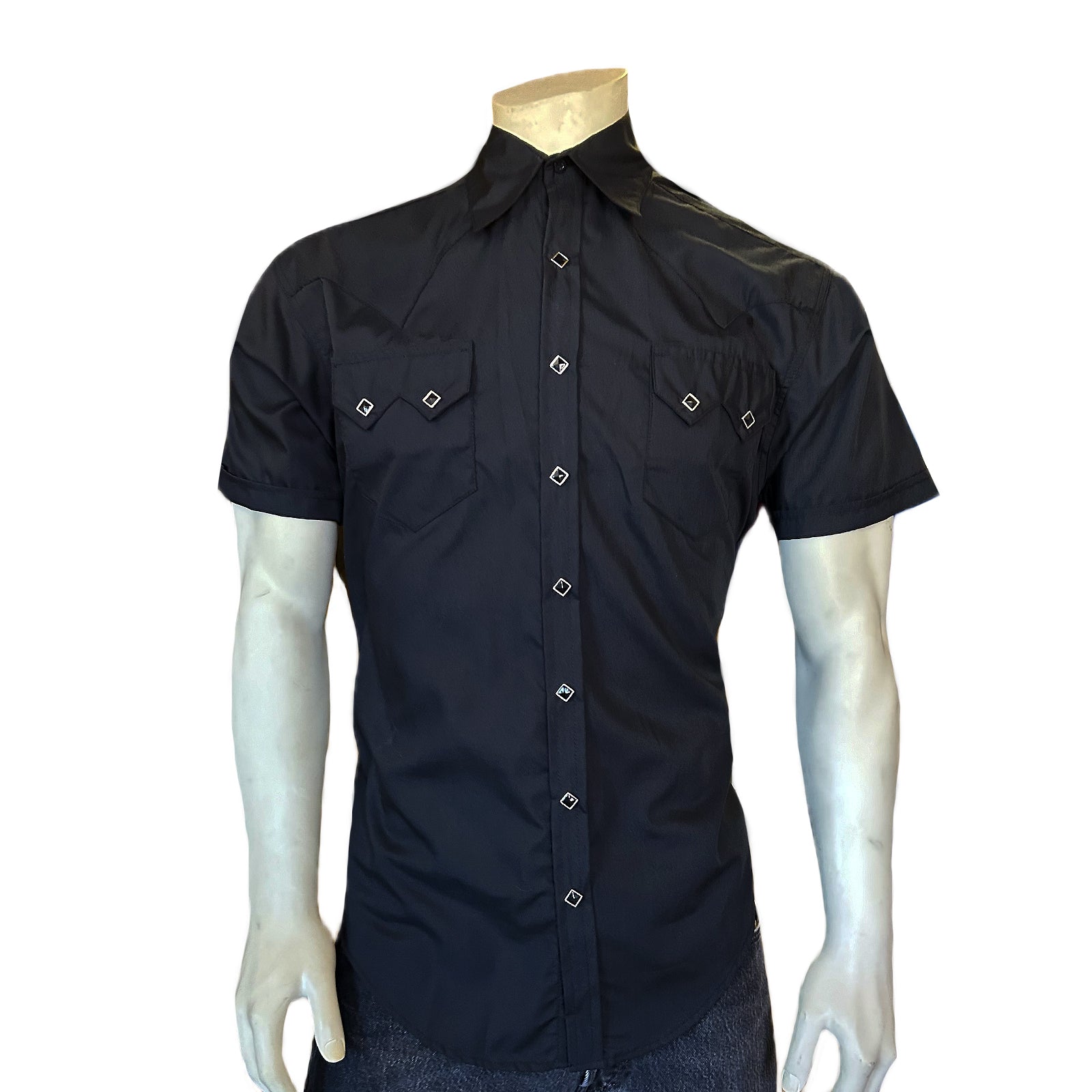 Men's Solid Black Cotton Blend Short Sleeve Western Shirt - M