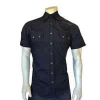 Men's Solid Black Cotton Blend Short Sleeve Western Shirt