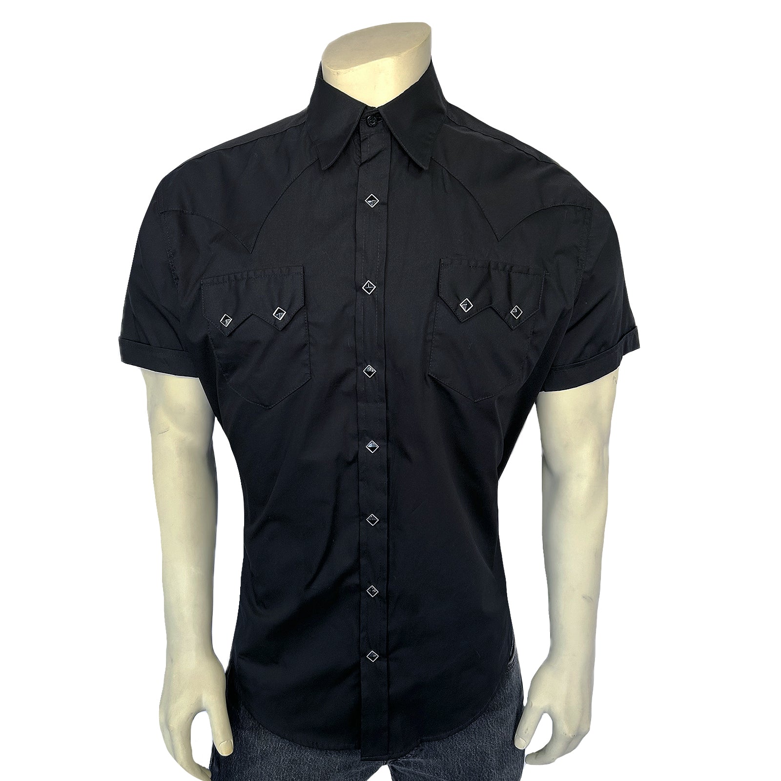Men's Solid Black Cotton Blend Short Sleeve Western Shirt