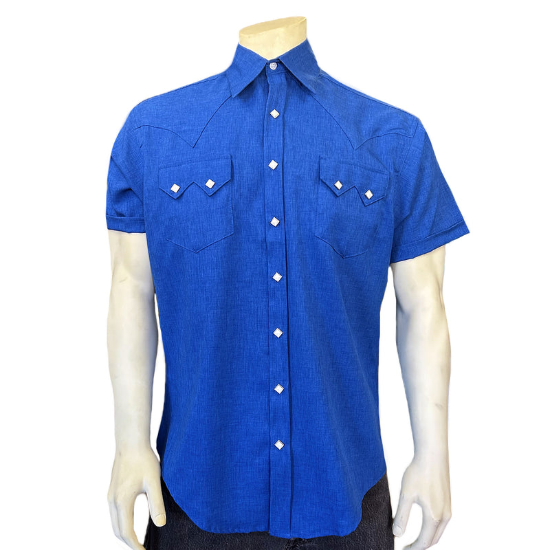 Mens Short Sleeve Royal Blue Western Shirt with UV Protection - L Mens Short Sleeve Royal Blue Western Shirt with UV Protection - L