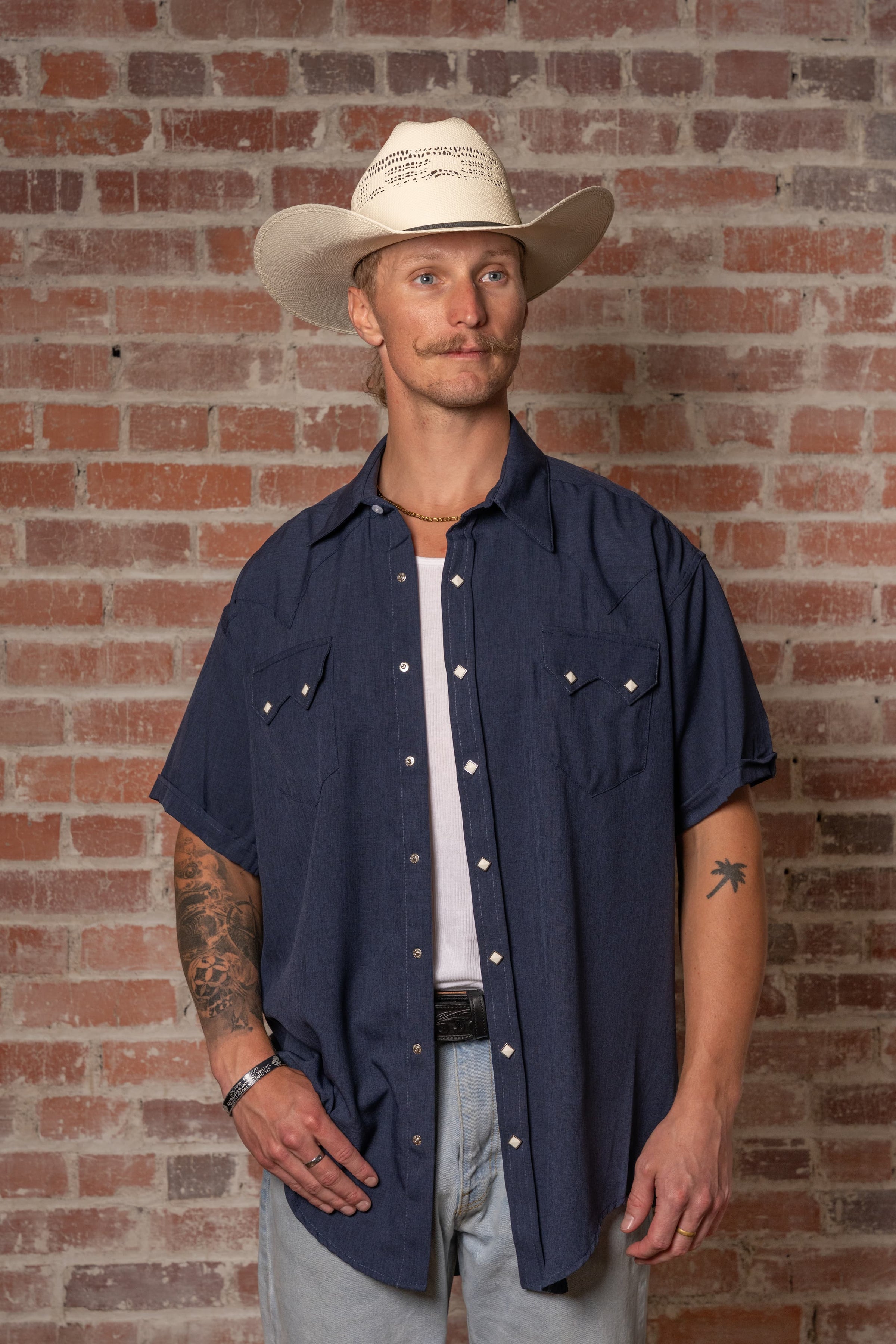 Men's Short Sleeve Navy Western Shirt with UV Protection