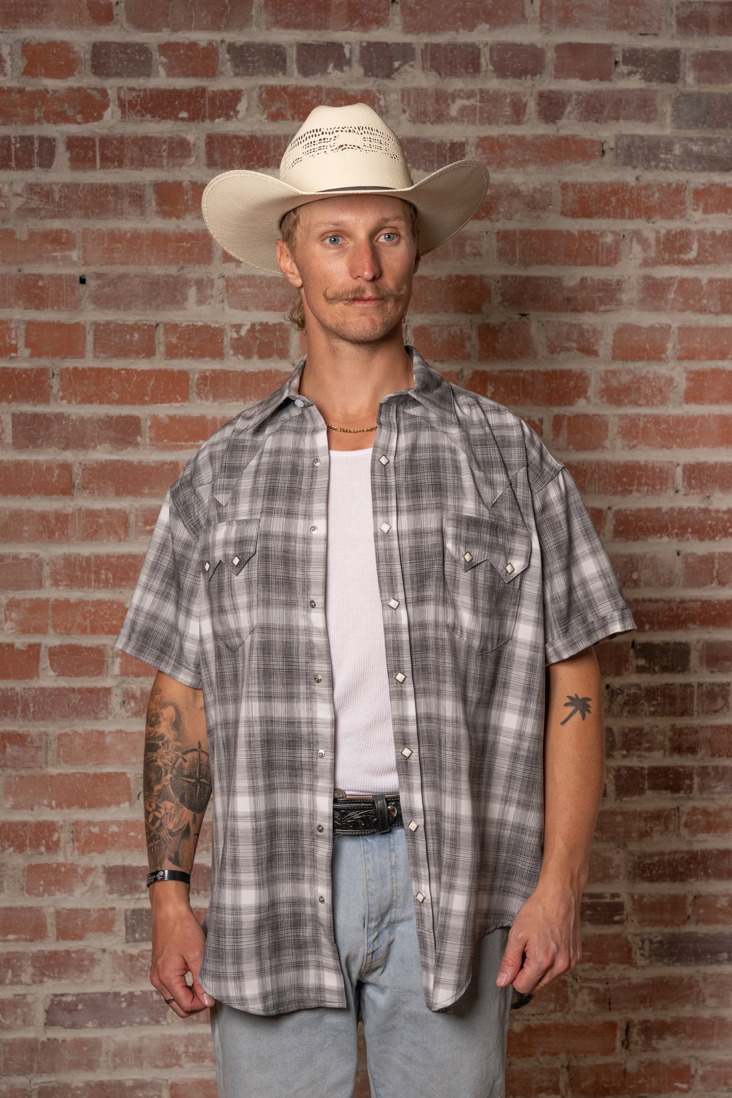 Men's Grey Short Sleeve Shadow Plaid Western Shirt