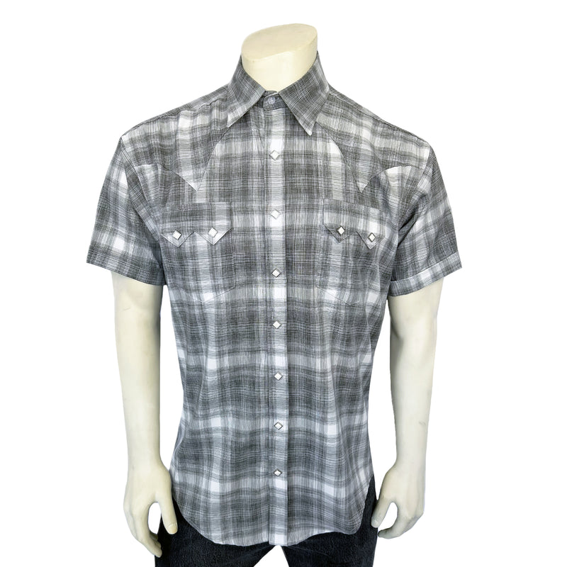 Men's Grey Short Sleeve Shadow Plaid Western Shirt Men's Grey Short Sleeve Shadow Plaid Western Shirt