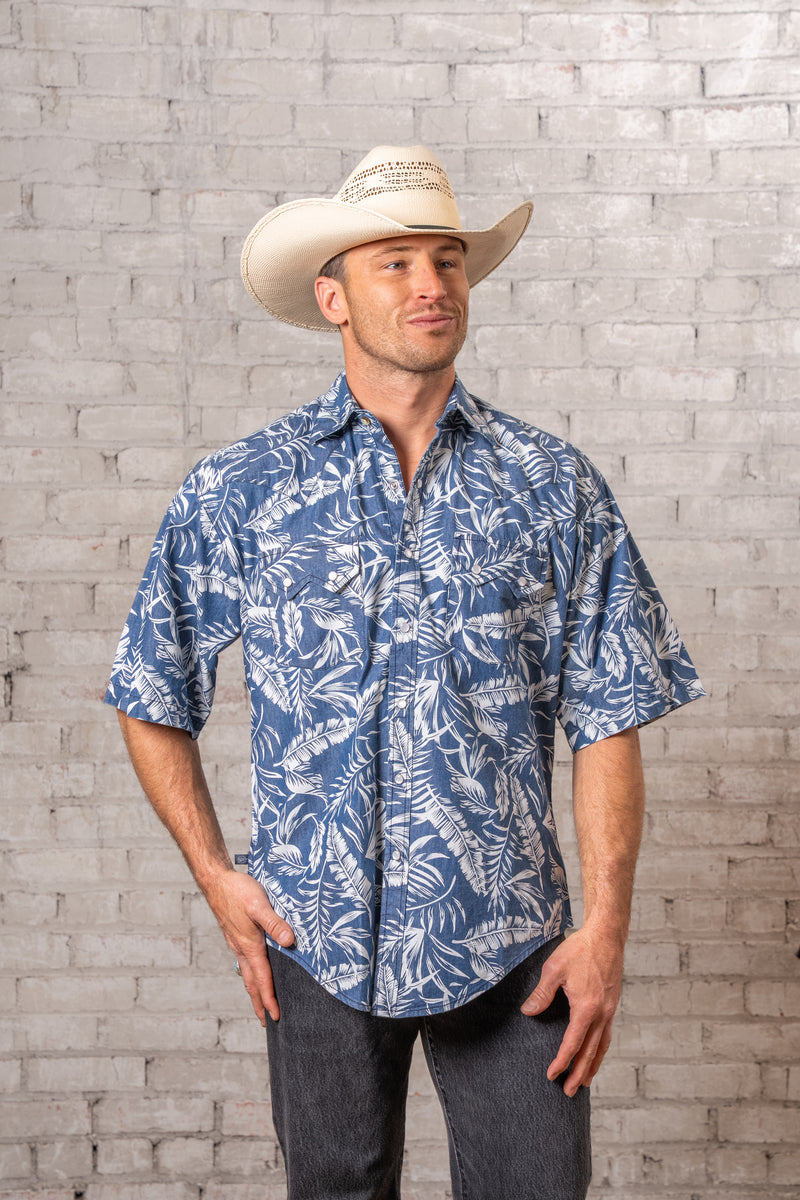 mens blue floral dress shirt Men's Chambray Print Short Sleeve Western smile pockets and shotgun Size:8.5WC Rick Owens Black Temple slug:black-homecoming-dresses