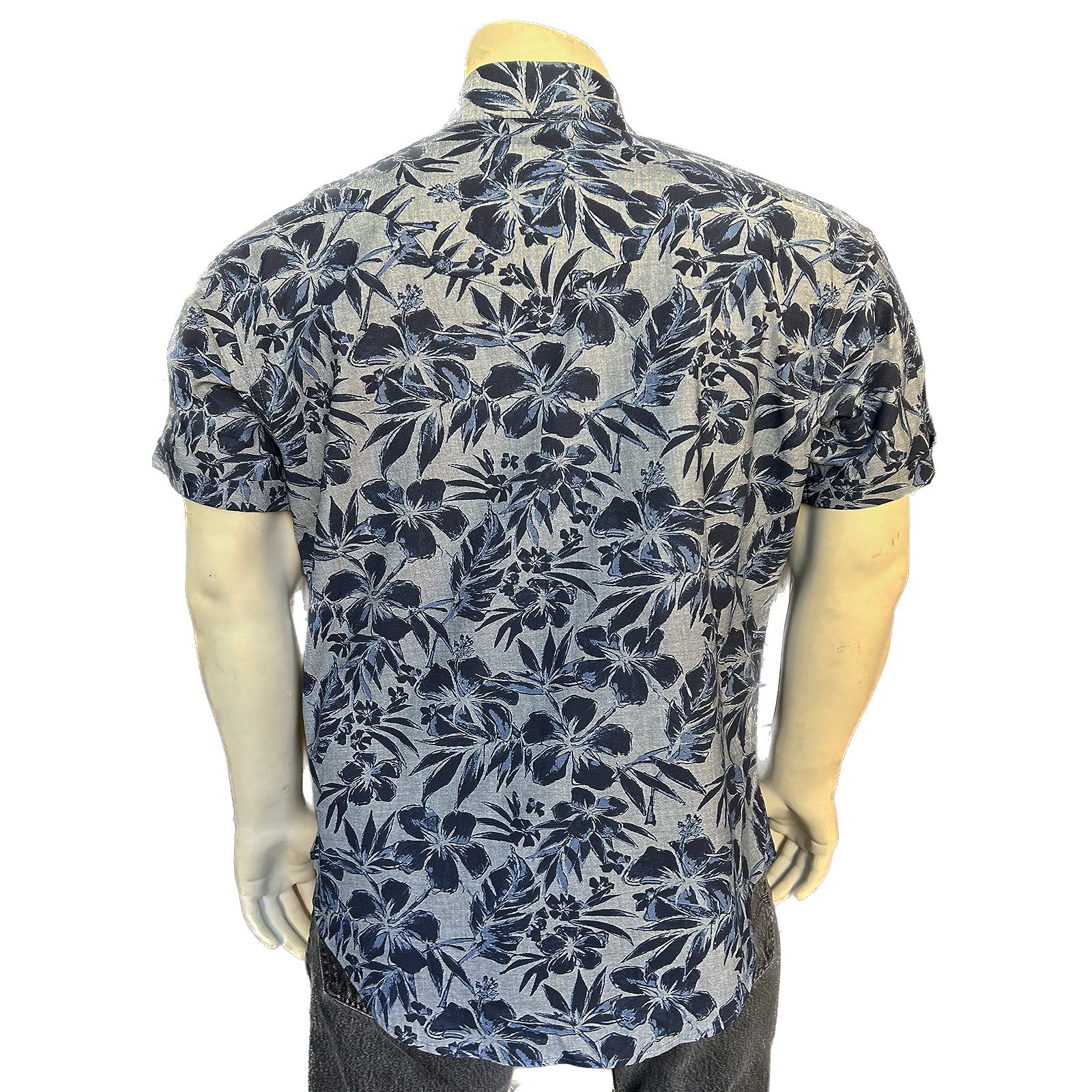 Men's Blue Chambray Floral Print Short Sleeve Western Shirt
