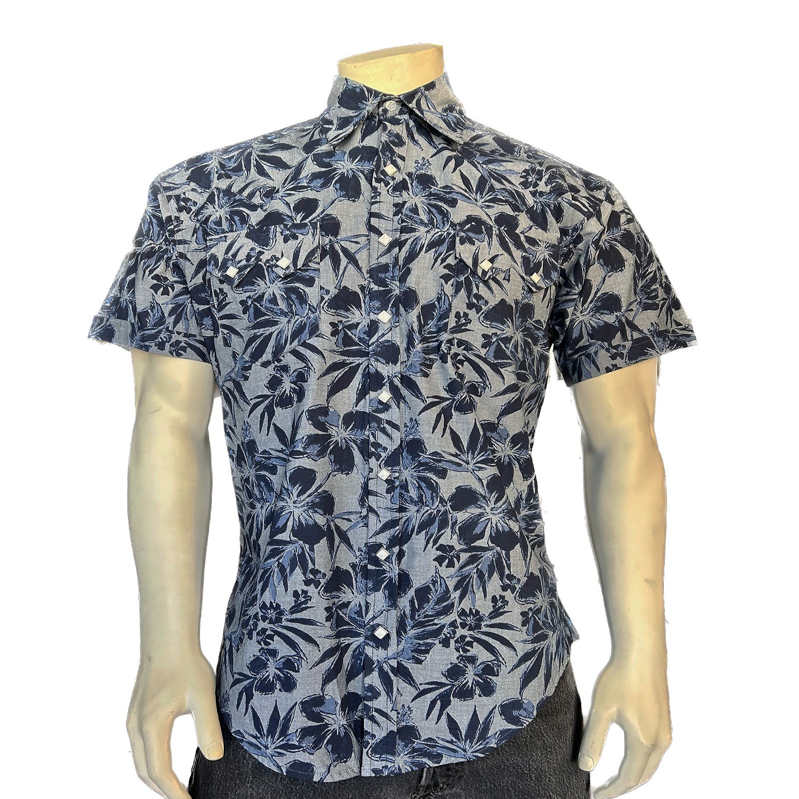 Men's Blue Chambray Floral Print Short Sleeve Western Shirt