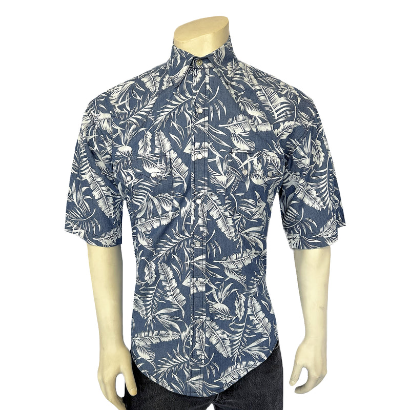 Men's Blue Chambray Floral Print Short Sleeve Western Shirt