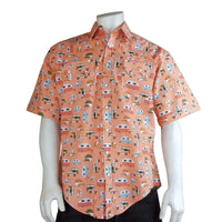 Men’s Retro Campers Print Short Sleeve Western Shirt in Peach