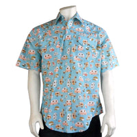 Men’s Retro Campers Print Short Sleeve Western Shirt in Turquoise