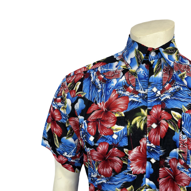 Men’s Short Sleeve Hawaiian Print Western Shirt in Purple