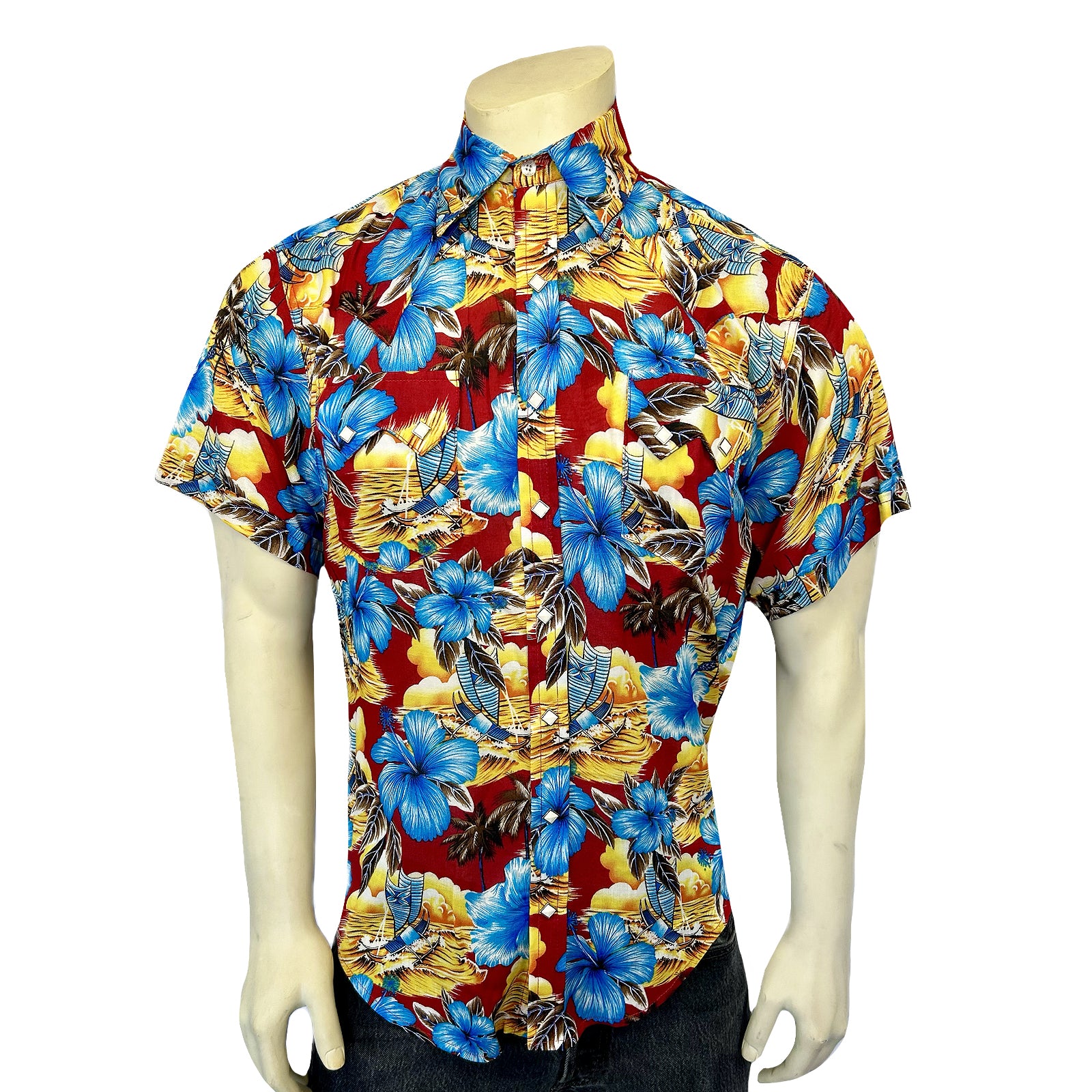 Men’s Short Sleeve Hawaiian Print Western Shirt in Red