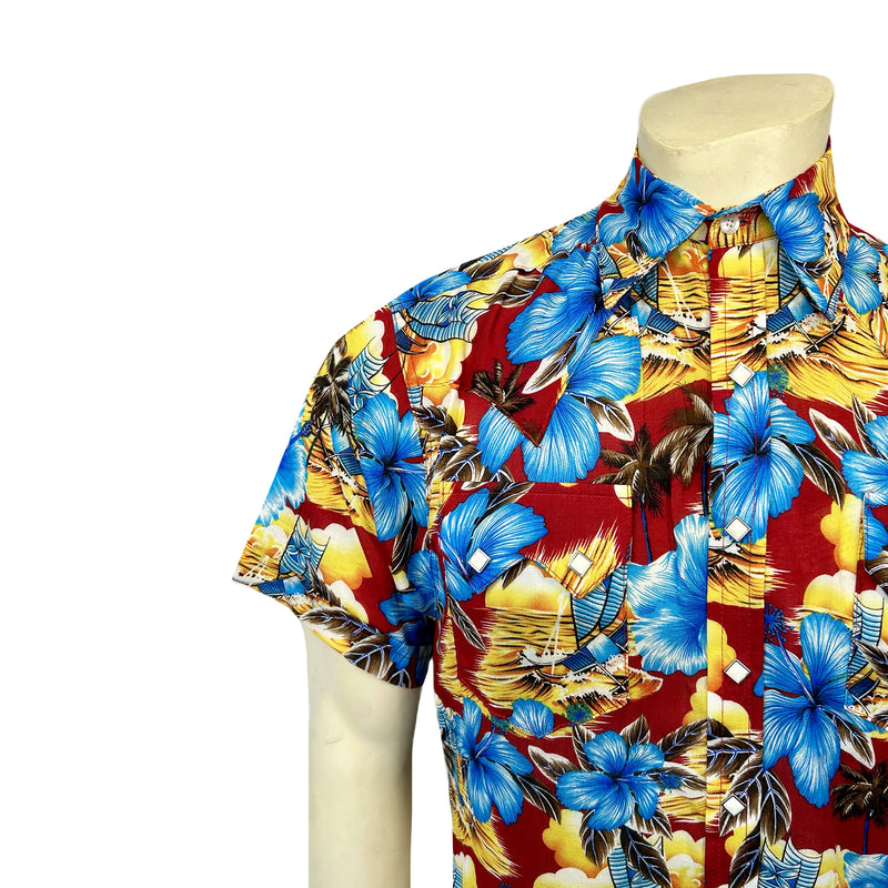 Men’s Short Sleeve Hawaiian Print Western Shirt in Red