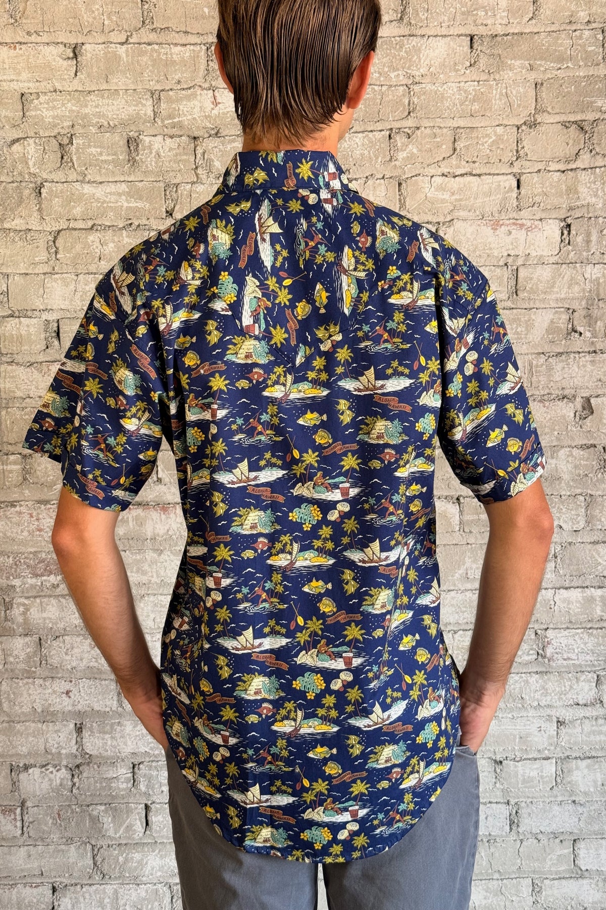 Men’s Short Sleeve Hawaiian Print Western Shirt in Blue
