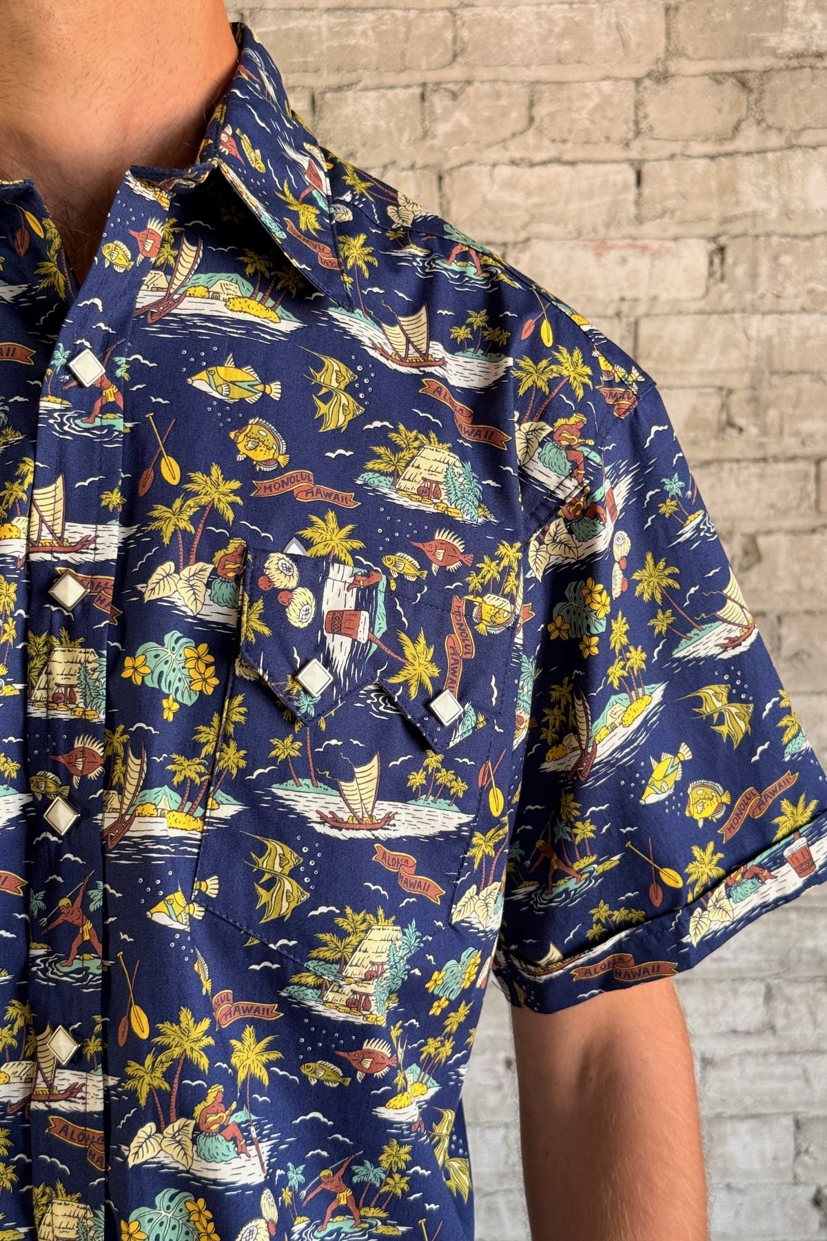 Men’s Short Sleeve Hawaiian Print Western Shirt in Blue