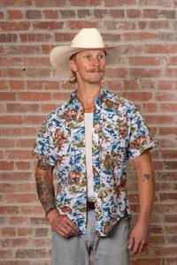 Men’s Blue Western Hawaiian Print Short Sleeve Shirt