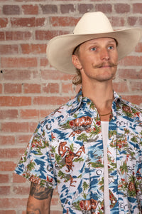 Men’s Blue Western Hawaiian Print Short Sleeve Shirt