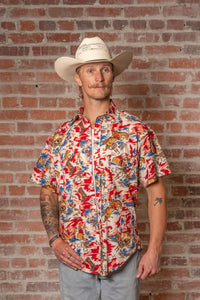Men’s Red Western Hawaiian Print Short Sleeve Shirt