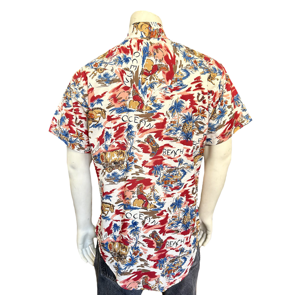 Men’s Red Western Hawaiian Print Short Sleeve Shirt